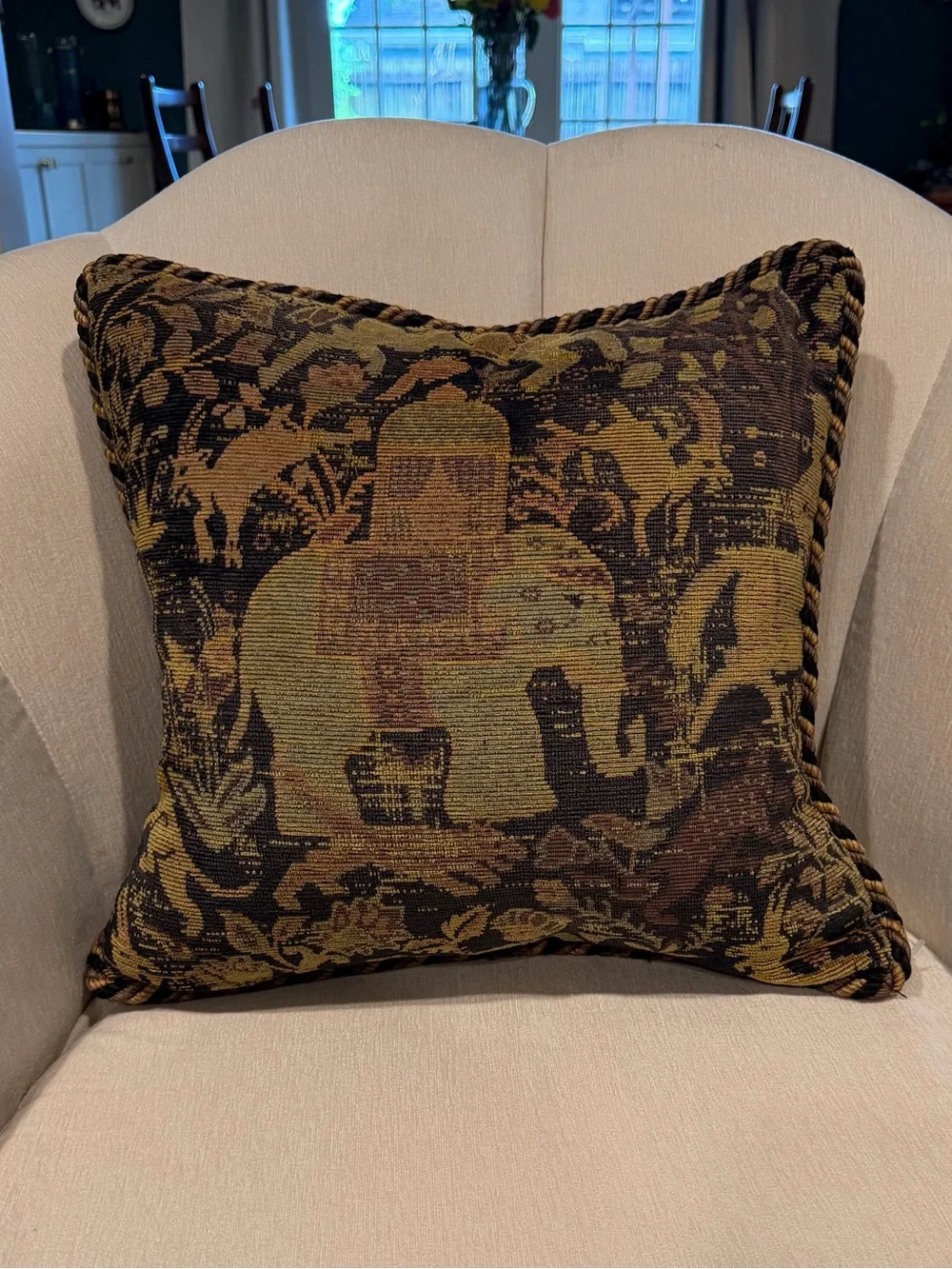Vintage Woven Tapestry Throw Pillow 15x15 Elephant  Tree Double Sided